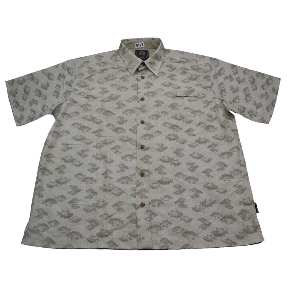 Weatherproof Shirt Mens XL Tan Fish Print Short Sleeve Button Up Collared Top